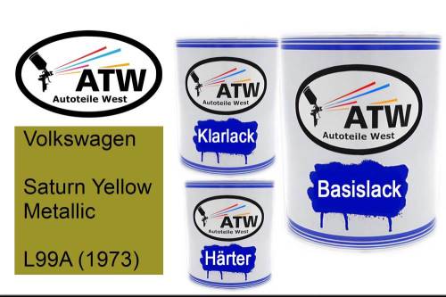 Volkswagen, Saturn Yellow Metallic, L99A (1973): 1L Lackdose + 1L Klarlack + 500ml Härter - Set, von ATW Autoteile West.